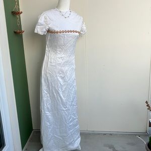 Vintage 60s Green and Orange Embroidered White Maxi Dress
